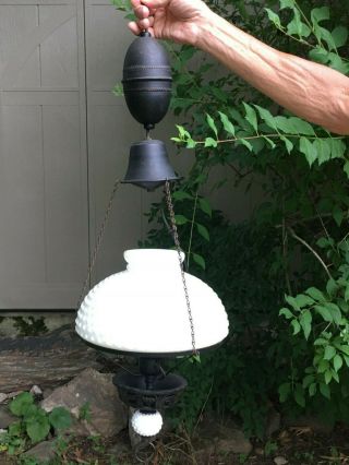 Antique White Hobnail Milk Glass Hurricane Hanging Ceiling Lamp Cast Iron