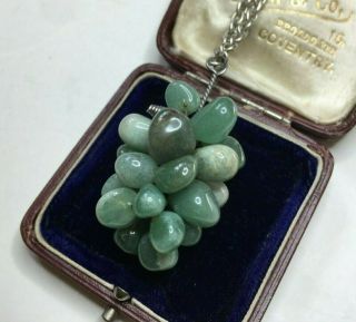 Vintage 1970 ' s Green Nephrite Stone & Wire Bunch of Grapes Pendant Handmade 23 