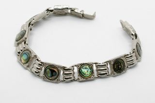 Vintage Abalone Link Bracelet,  White Metal With Round Shells,  Geometric Style