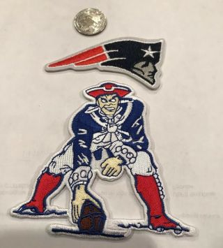 (2) - England Patriots Embroidered Iron On Patches.  Awesome 4”x 4”/ 3”x 1”