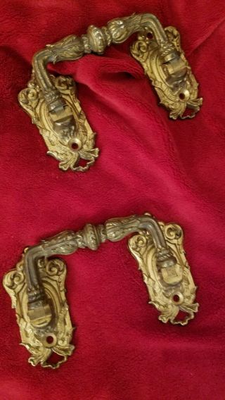 Pair Large Heavy Gilt Brass Or Bronze French Drawer Handles