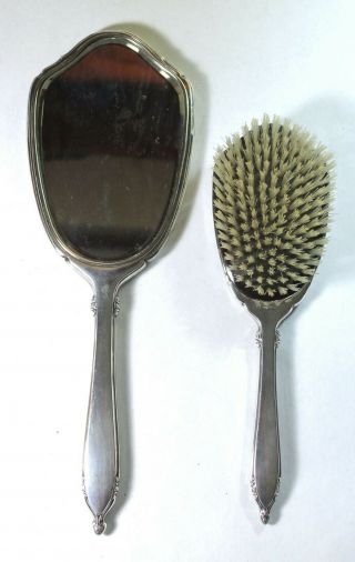 Antique Victorian Art Deco Sterling Silver Vanity Mirror & Hair Brush Set