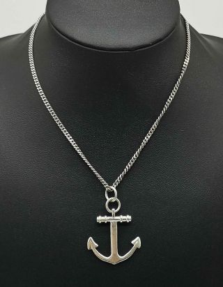 Large Vintage Sterling Silver Anchor Ingot Pendant Necklace Long Silver Chain