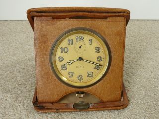 Vintage C1920 8 Day Swiss Made Movement Leather Cased Folding Travel Clock Vgc