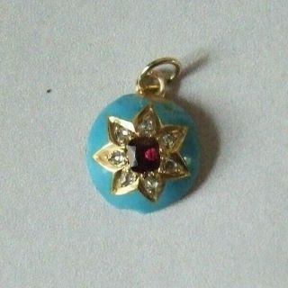 Antique Tiny Ruby,  Diamonds Set Enamelled Pendant.  11mm Round