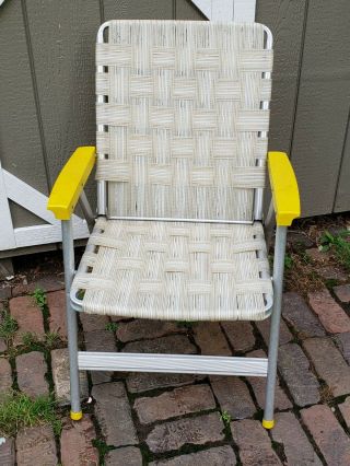 Vintage Folding Lawn Chair Aluminum Webbed Beige Yellow Striped 34 " Tall