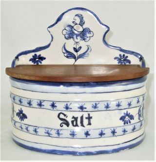 Antique Large German Blue & White Porcelain/ Wood Salt Storage Box