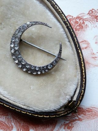 Antique Victorian Crescent Moon Old Diamond Paste Silver Brooch Pin Stamped 900