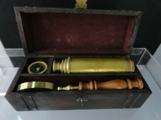 Vintage,  Antique Brass Compass / Magnifying Glass / Telescope Set In Wooden Box