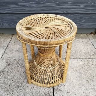 Vintage Round Wicker Conservatory Small Side Table Plant Stand Farmhouse Decor 2