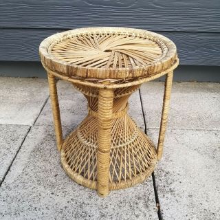 Vintage Round Wicker Conservatory Small Side Table Plant Stand Farmhouse Decor 3