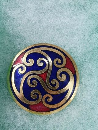 Vintage Signed Celtic Sea Gems Enamel Gold Tone Spiral Round Brooch Cloisonne