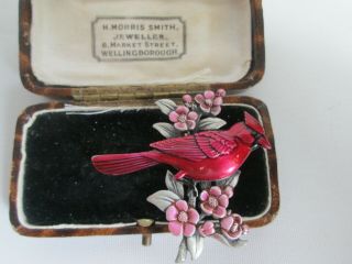 Vintage Signed Jj Red Enamel Sitting Bird Brooch Shawl Pin