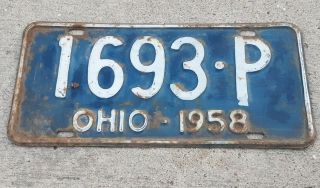 Vintage 1958 Ohio State License Plate 1693 - P Blue White Car Garage Mancave Decor