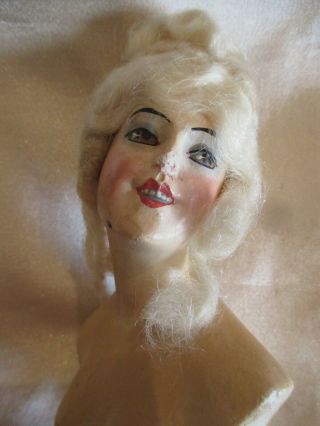 Antique German Boudoir Madame Pompadour Half Doll Wax Over Chalk Ware Bust