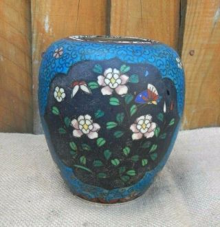 Antique Japanese Meiji Period Floral & Pottery Cloisonne Pottery Vase Signed