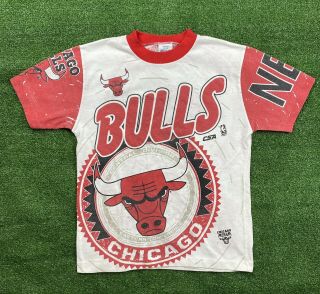 Vtg 90s Chicago Bulls All Over Print T Shirt By Csa Youth Medium Single Stitch