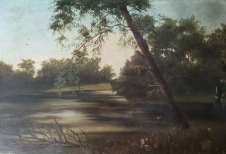 Antique Folk Art Oil Painting On Academy Black Board Lake Sunset Dawn 12.  25×18