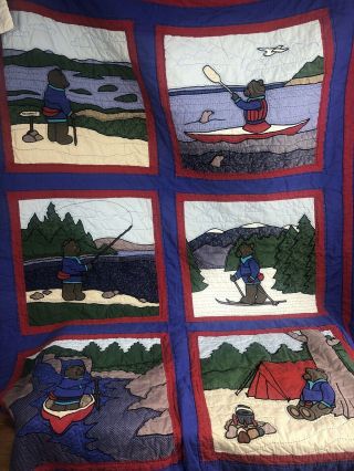 Ll Bean Vintage 64 X 82 Teddy Bear Camping Quilt Comforter Blanket