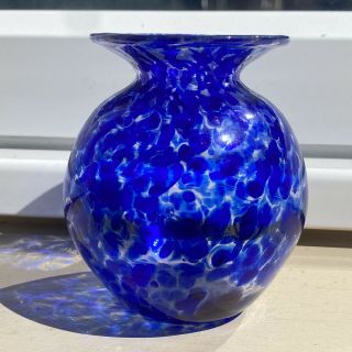 Vintage Mdina Hand Blown Studio Art Glass Vase Clear & Blue Dots Spattered 10cm