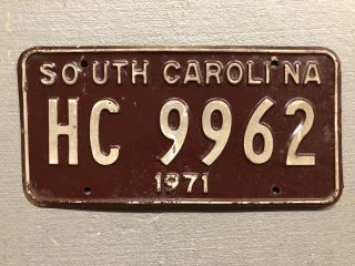 Vintage 1971 South Carolina License Plate Maroon /white Hc - 9962
