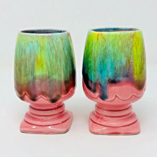 Vintage Relpo Japan Ceramic Set Of Two Pink Pedestal Vases W Drip Glaze Sy2003