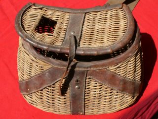 Antique Wicker,  Leather Trout Fishing Creel W Straps Large Sized