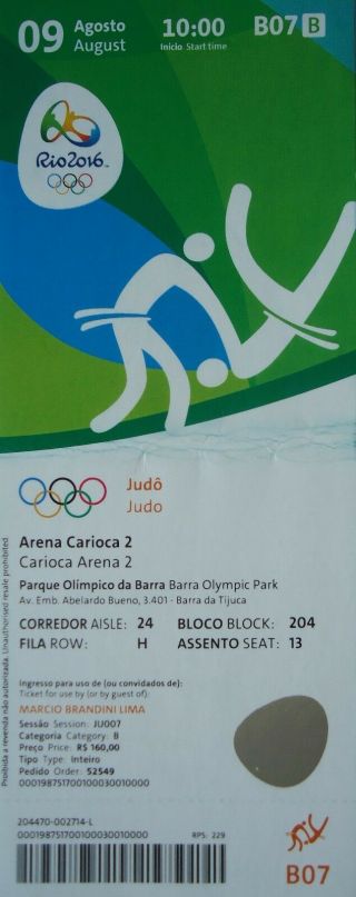 Ticket 9.  8.  2016 Olympic Games Rio Judo B07