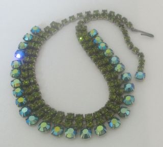 Vintage Olive - Green/blue Aurora Borealis Rhinestone Necklace