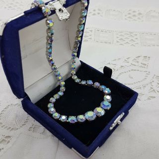 Vintage Art Deco Style Necklace Blue Ab Glass Stones Graduated Collar Length