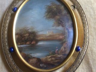 Antique Reverse Painting On Glass In Oval Gilt Metal Decorated Frame