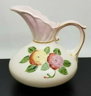Vintage Hull Pottery 7 Inch Ewer 1943 Camellia Open Rose Pattern Number 105