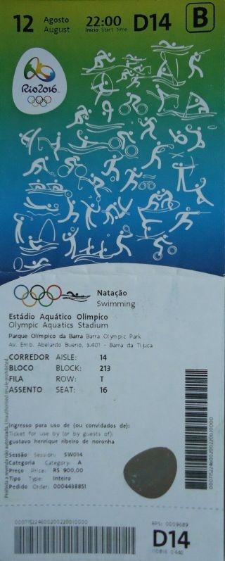 Ticket A 12.  8.  2016 Olympic Rio Schwimmen Swimming D14