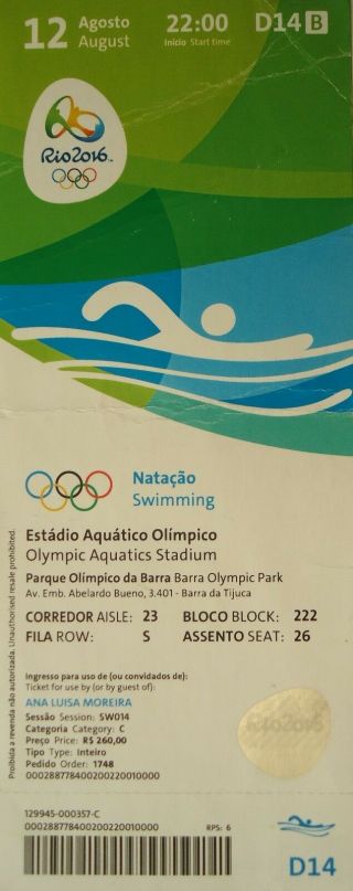 Ticket 12.  8.  2016 Olympic Rio Schwimmen Swimming D14