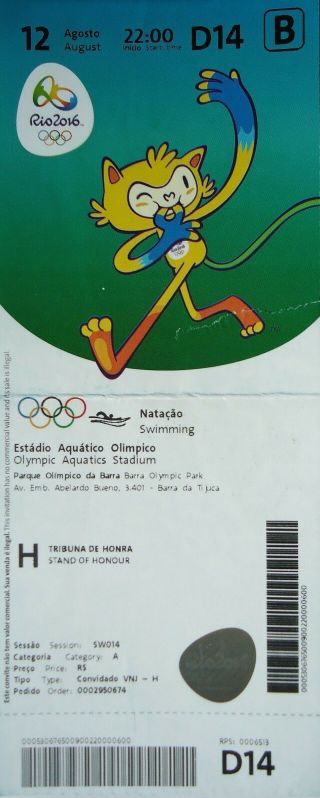 Ticket M 12.  8.  2016 Olympic Rio Schwimmen Swimming D14