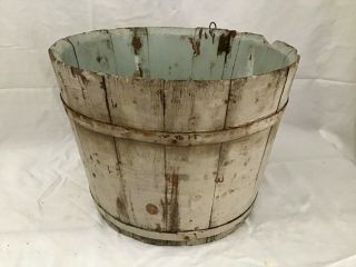 Antique Wooden Stave Bucket In Old Dry Gray/blue Paint