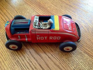 Vintage Antique Tin Hot Rod Red Toy Car W/ Steering Wheel & Removeable Driver 8 "
