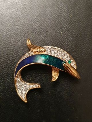 Vintage Attwood And Sawyer (a&s) Goldplate,  Enamel & Crystal Dolphin Brooch Vgc