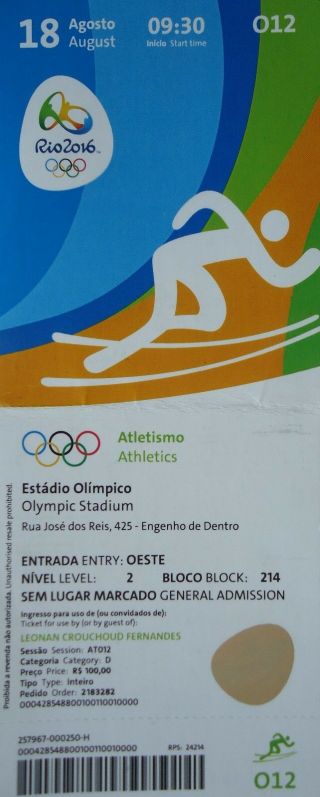 Ticket 18.  8.  2016 Olympia Rio Olympic Games Finals Athletics O12
