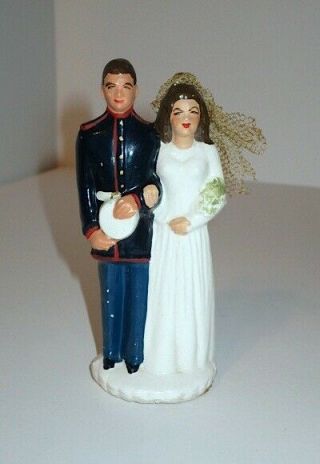 Vintage 1940s 1950s Wedding Cake Topper Chalkware Bride & Us Military Groom Top