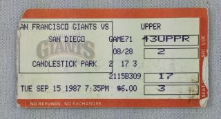 Mlb 1987 09/15 San Diego Padres At San Francisco Giants Ticket - Chilli Davis 2 - Hr