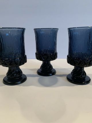 3 Vintage Fostoria Sorrento Water Glass Goblet Cobalt Blue 6”