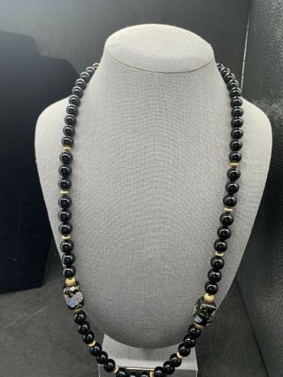 Vintage 26” Blk Onyx Beads And 2 Rectangle Cloisonné Bead Necklace