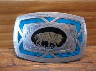 Vintage Johnson & Held Handcrafted Buffalo With Turquoise Belt Buckle