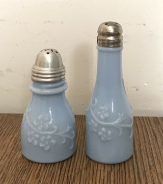 Vintage Light Blue Milk Glass Salt And Pepper Shakers,  Aluminum Tops