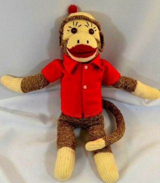 Vtg.  Handmade Sock Monkey W/home - Made Red " Button " Shirt And Cap