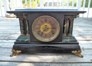 Antique E.  Ingraham 1916 - 8 Day Strick Mantel Clock 4 Pillars Good Trim & Key