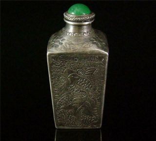 Antique Old Chinese Silver Made Snuff Bottle Incised W/ Double Goldfish,  Lotus