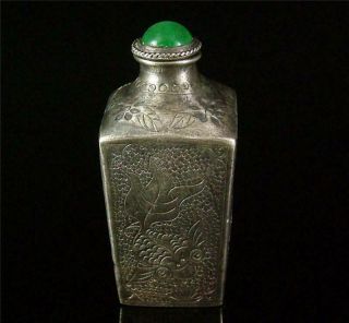 Antique Old Chinese Silver Made Snuff Bottle INCISED W/ DOUBLE GOLDFISH,  LOTUS 3