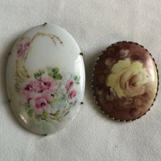 Two Vintage Hand Painted Porcelain Floral Pin Brooches